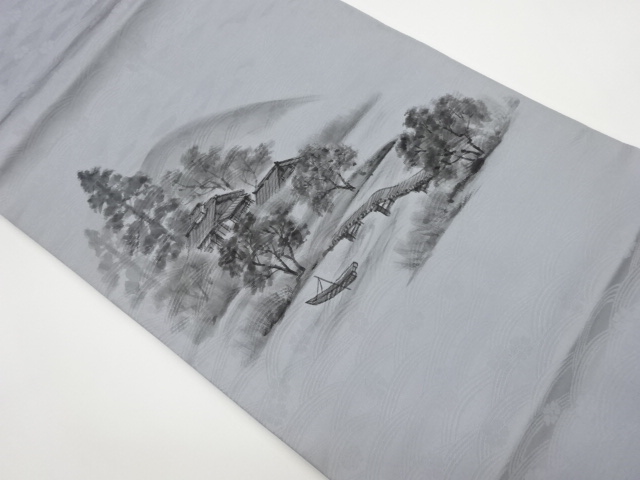 櫻子作　手描き山に川・草木・民家風景模様名古屋帯